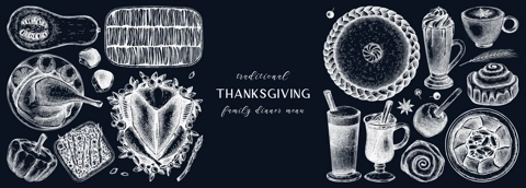 Thanksgiving food and drinks drawings on chalkboard. Vintage turkey, vegetables, pies, and hot drinks sketches. Vector autumn food template. Thanksgiving background in engraved style